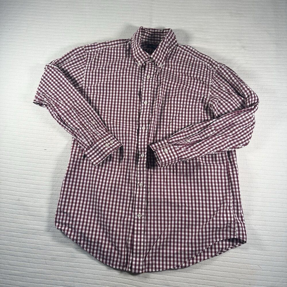 Lands’ End Mens 16.5 32 Tailored Fit Red Check Gingham Button Front Shirt